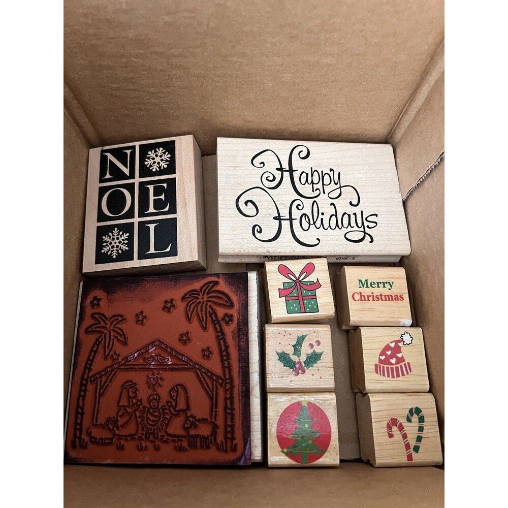 25 Beautiful Christmas Wooden Rubber Stamp Lot Art Vintage Large Craft Scrapbook